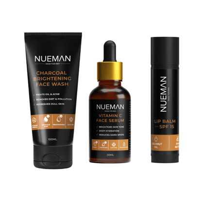 NUEMAN Charcoal Brightening Face Wash (100ml) + Vitamin C Face Serum (30ml) + Lip Balm with SPF 15 (5g) | Skincare Combo for Men | With Activated Charcoal, 2% Salicylic Acid, Niacinamide, Shea Butter NUEMAN Charcoal Brightening Face Wash (100ml) + Vitamin C Face Serum (30ml) + Lip Balm with SPF 15 (5g) | Skincare Combo for Men | With Activated Charcoal, 2% Salicylic Acid, Niacinamide, Shea Butter