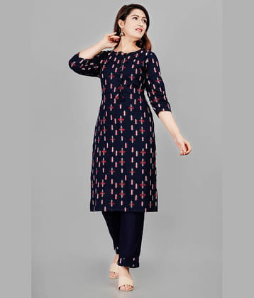Smien Rayon Self Design Kurti With Pants Women's Stitched Salwar Suit - Navy ( Pack of 1 )