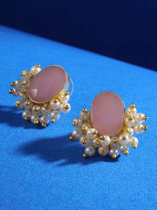 Gold Plated Pink stone & Pearl Beaded Statement Earrings