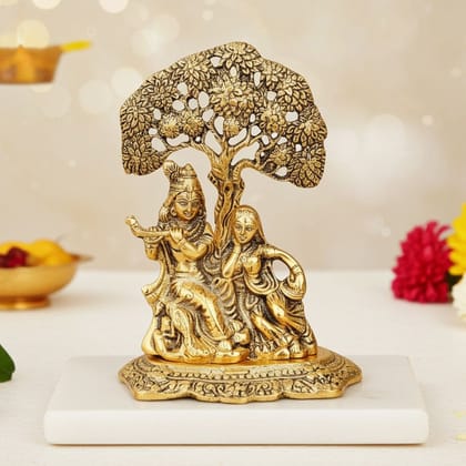 Aluminium Radha Krishna Sitting On Tree � Decorative God Idol, Height : 7 Inch (ASMAS179 G)