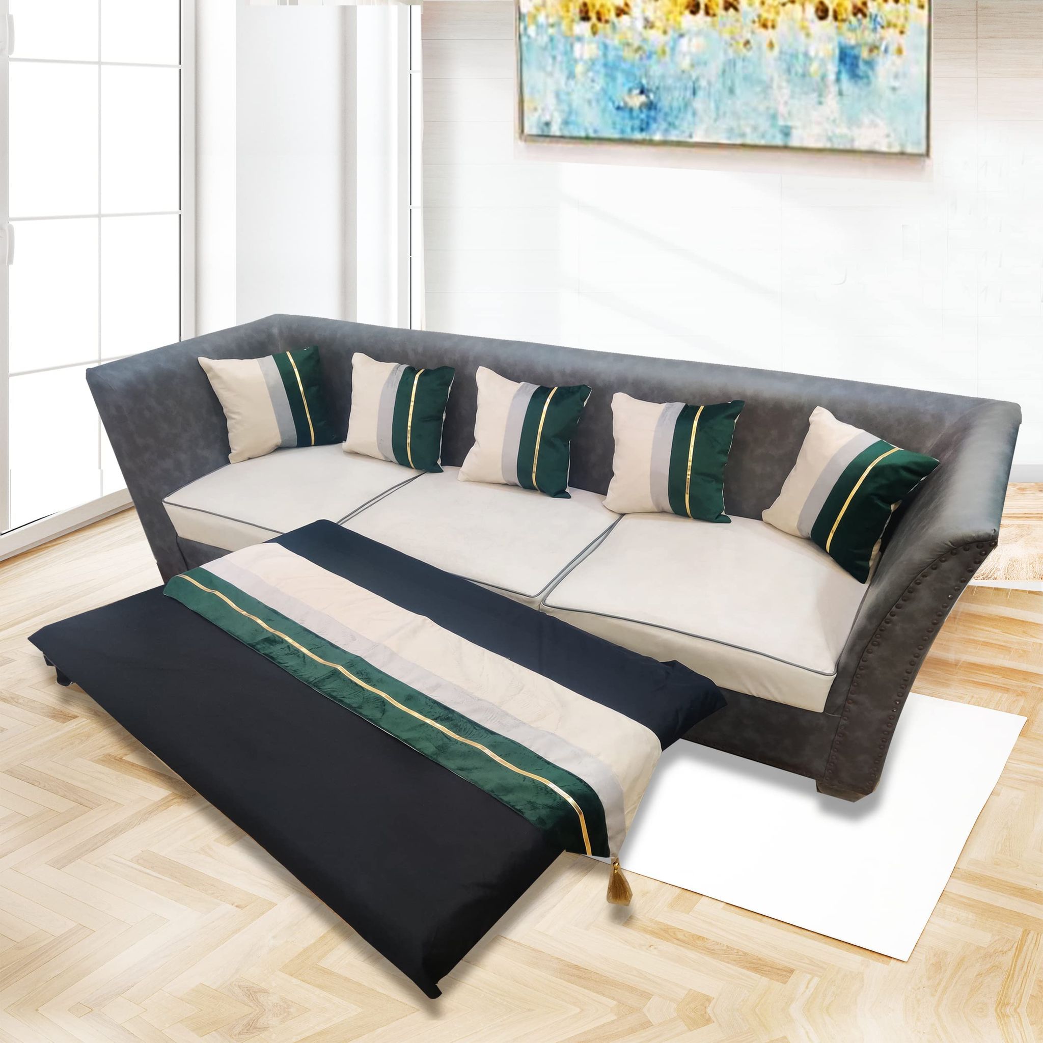 Green Beige Gold Leather Patchwork Velvet 5 Cushion Covers and 1 Table Runner Combo Luxury Modern Pillow Cover Decorative Pillow for Sofa Living Room Bedroom | 16X16 Inches Cushion Cover I 12 X 59 Inches Table Runner I16X16 Inches I