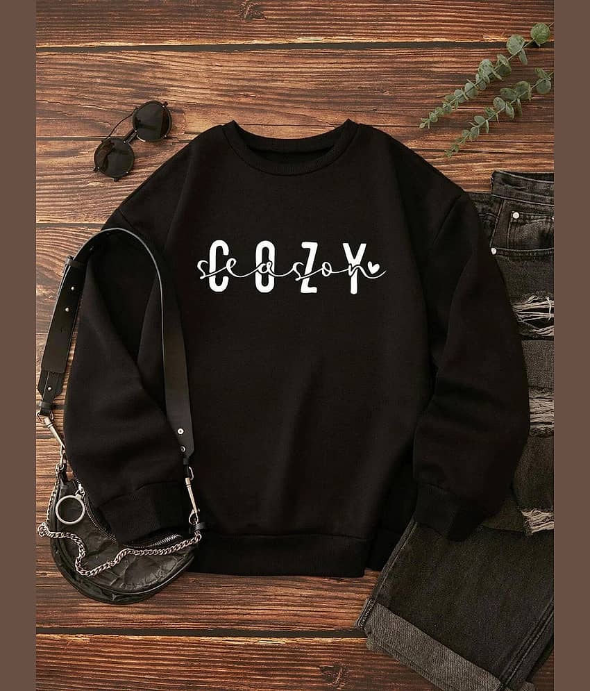 kotty Women Fleece Round Neck Sweatshirt For Light Winters ( Black )