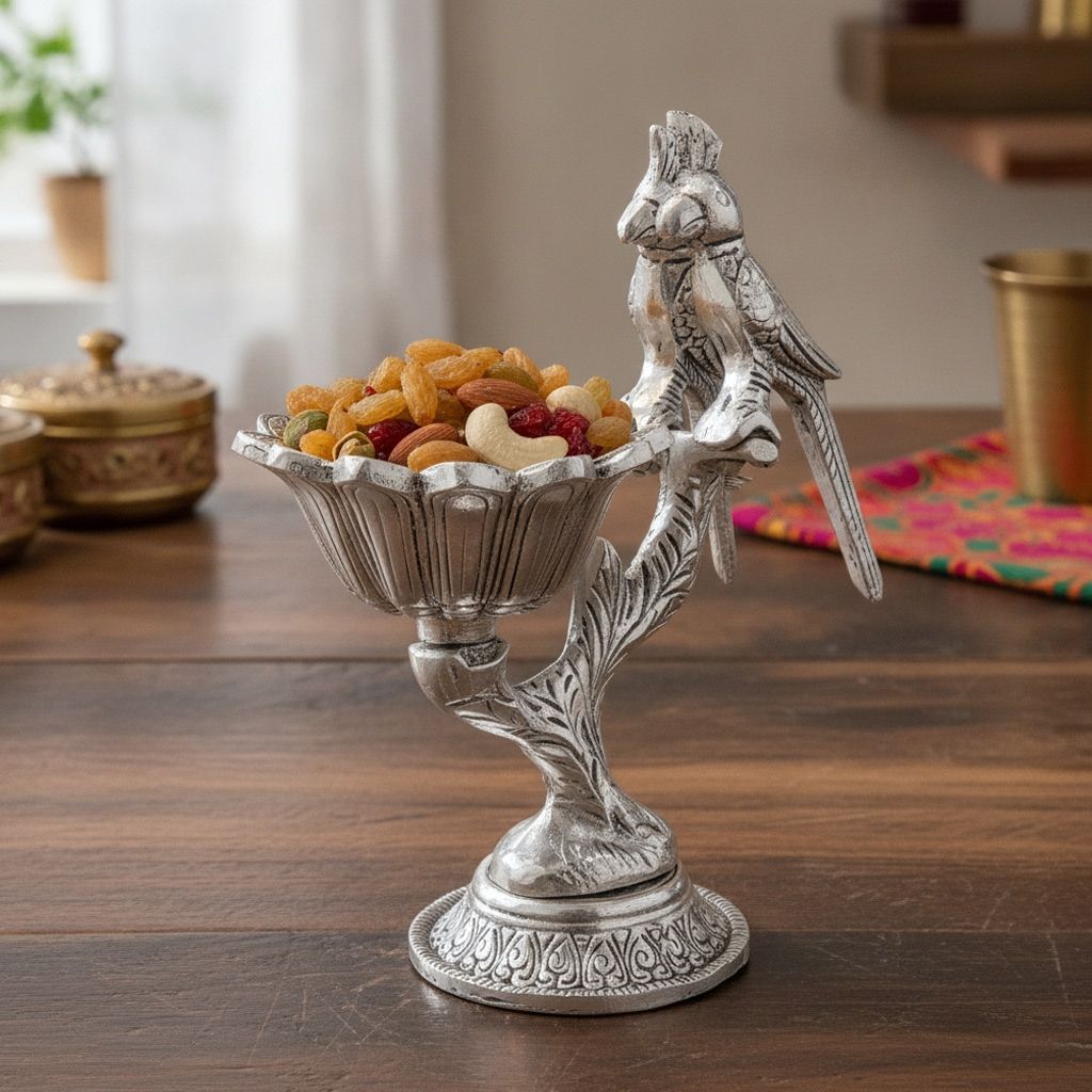 Aluminium Double Parrot Design Decorative Bowl | Double Parrot Showpiece | Decorative Table Bowl, Height : 7.5 Inch (ASMAS544 S)