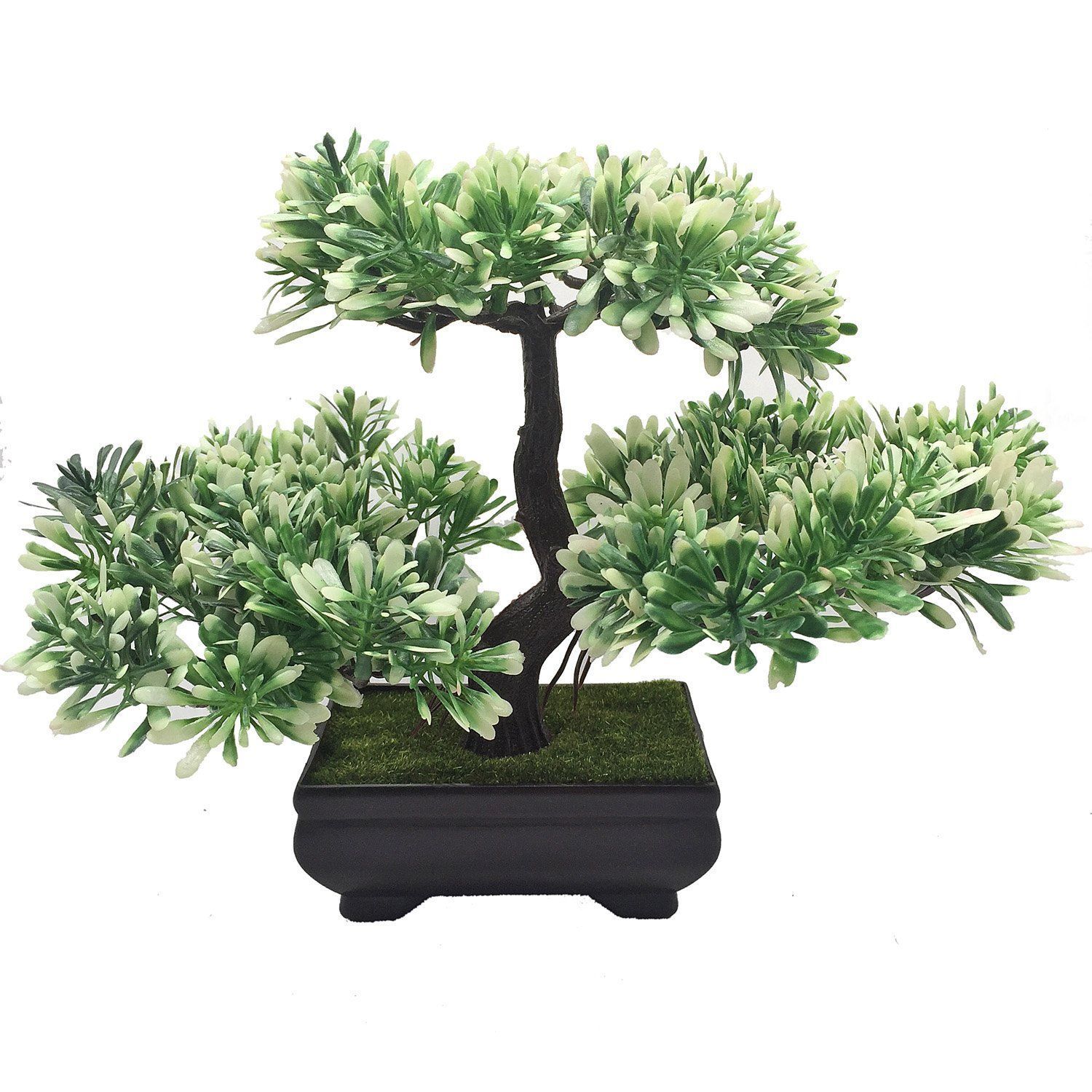 FOLIYAJ 3 Headed Artificial Bonsai Tree with Green and White Leaves