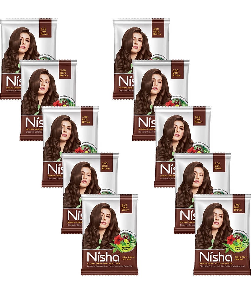 Nisha Henna Based Hair Color Dark Brown 10g Pack of 10, Ammonia Free Henna Powder Hair Colour Dye Brown Hair Color