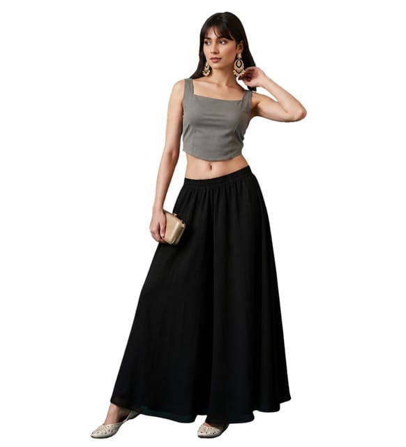Generic Women's Georgette Solid Mid-Rise Wide Leg Flared Palazzo Pants with Elastic Waist, Ankle Length Trousers for Daily, Office and Casual Wear (Black, L, Pack of 1, Design 67551)