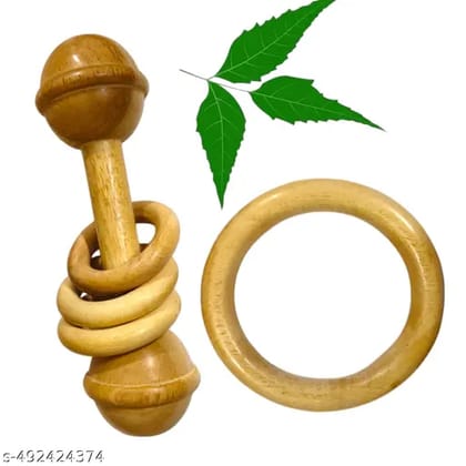 Shreeja Shilpcraft Neem Wood Dumbbell Rattle & Ring Teether  Soothing, Safe & Perfect for Infants