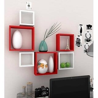Onlinecraft Wooden Book Stand Wooden Wall Shelf (Number Of Shelves - 6, White, Red, Multicolor)