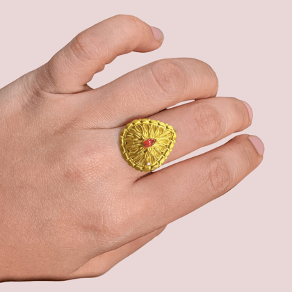 Golden Teardrop Ring with Red Accent