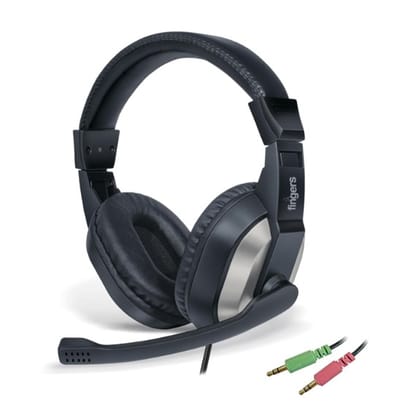 FINGERS F10 Wired Headphone On-Ear with Built-in Adjustable Mic (Crystal Clear Sound, 40 mm Powerful Drivers, Dual 3.5 mm Connectors for Laptops/PCs) - Black + Slate Grey
