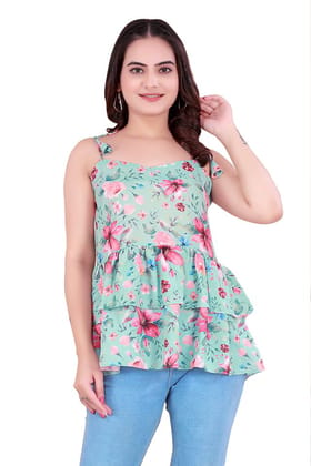 Women Mint Green Floral Print Regular Fit Tiered Crepe Top with Spaghetti Straps