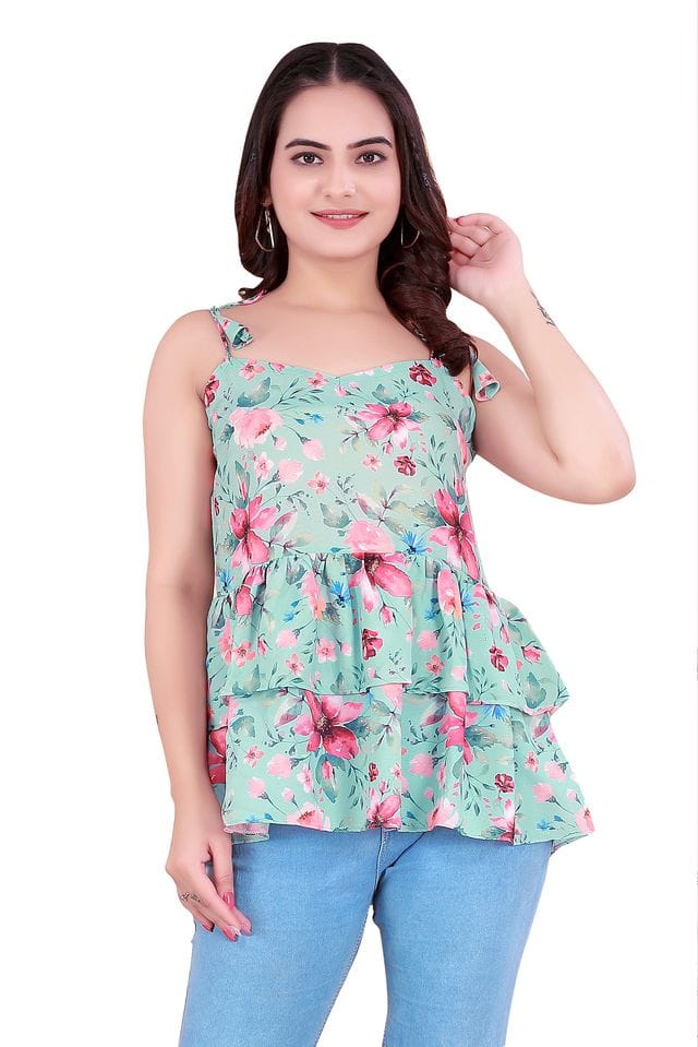 Women Mint Green Floral Print Regular Fit Tiered Crepe Top with Spaghetti Straps