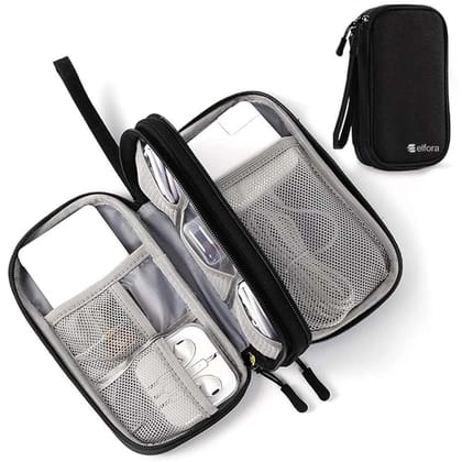Elfora Cable Organizer Pouch | Travel Organiser Bag | Double Layer Storage for USB Cables, Chargers, Earphone, Power Bank, Hard disc & Other Accessories | Durable Nylon Case with Mesh Pockets (Black) Black Elfora Cable Organizer Pouch | Travel Organiser Bag | Double Layer Storage for USB Cables, Chargers, Earphone, Power Bank, Hard disc & Other Accessories | Durable Nylon Case with Mesh Pockets (Black) Black