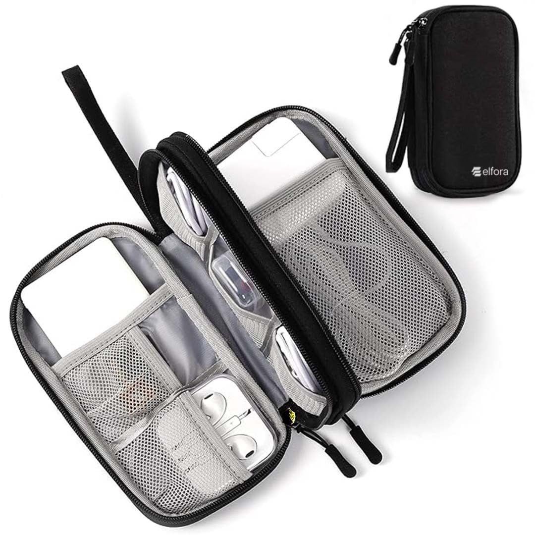 Elfora Cable Organizer Pouch | Travel Organiser Bag | Double Layer Storage for USB Cables, Chargers, Earphone, Power Bank, Hard disc & Other Accessories | Durable Nylon Case with Mesh Pockets (Black) Black