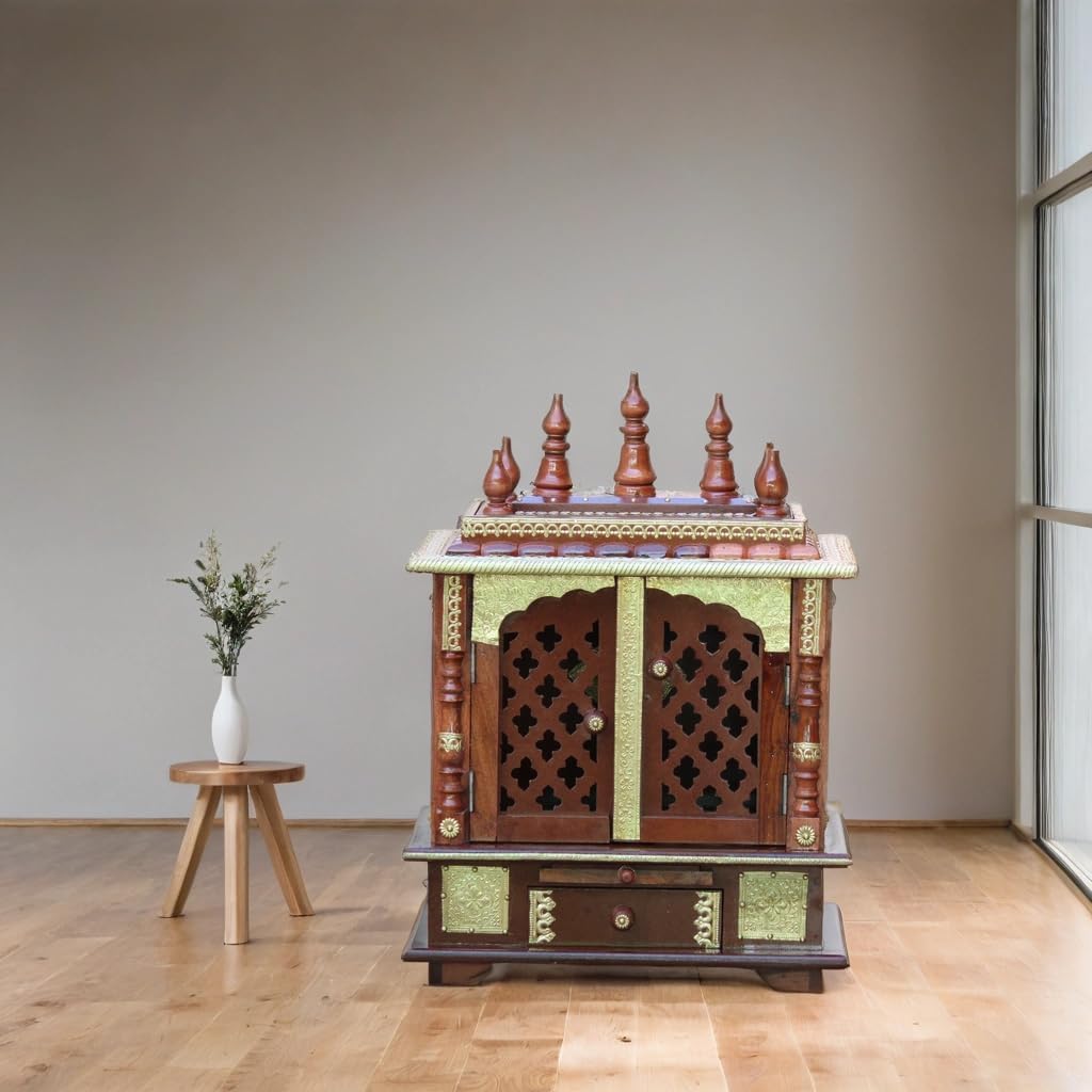 PREET GALLERY Wooden Wall Temple, Traditional Light Red, Religious Theme, Brass Finish with Decorative Lattice Work and Gold Accents