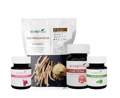 Swasth Arogya Haemoglobin Combo || Improves Blood Flow || Immunity || Indigestion || Best Ayurvedic Combo - Pack Of 1 Powder And 3 Bottles Of Different Capsules.||