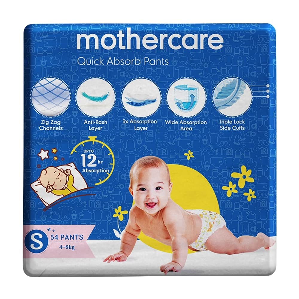 Mothercare Quick Absorb Diaper Pants for Babies, Small (4-8 Kg, 54 Count, Anti Rash Layer, Wide Absorption Area)