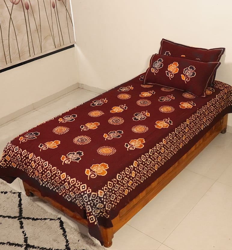 Handcrafted Batik Print Cotton Single Bed Sheet with Two Pillow Covers