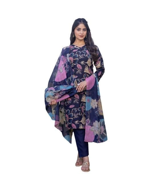 Women's Cotton Blend Printed Kurti with Pant Dupatta Set (NavyBlue, M)-PID63054