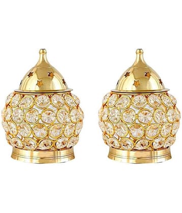 Fashion Bizz Brass Akhand Diya | Diamond Crystal Deepak/Diya Table Diya - Set of 2