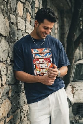 Hue Nox Men's Navy Big Anime Eyes Graphic Oversized T-Shirt