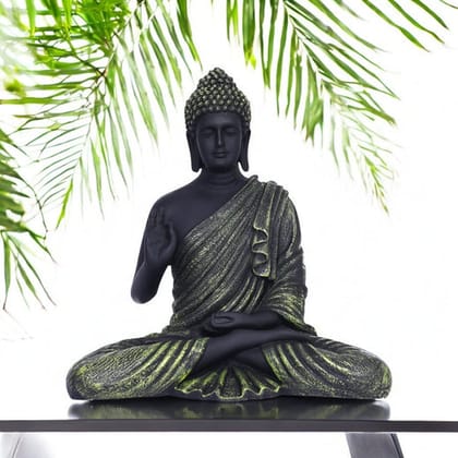 Black Matte Finish Lord Buddha StatueOlive Green Drapery Details Black Matte Finish Lord Buddha StatueOlive Green Drapery Details