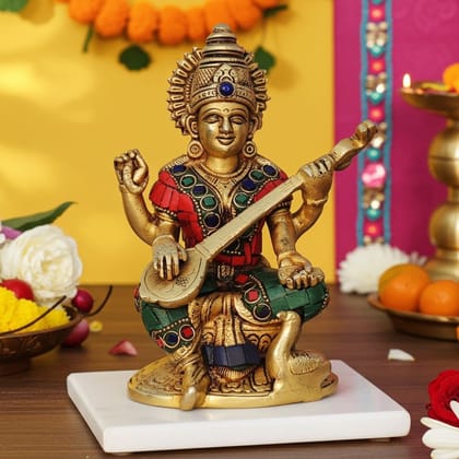 Brass Laxmi?Ganesh?Saraswati Idol Set with Stone Finish - Luxury Showpiece, Height : 6.5 Inch (BSMAS1006 S)