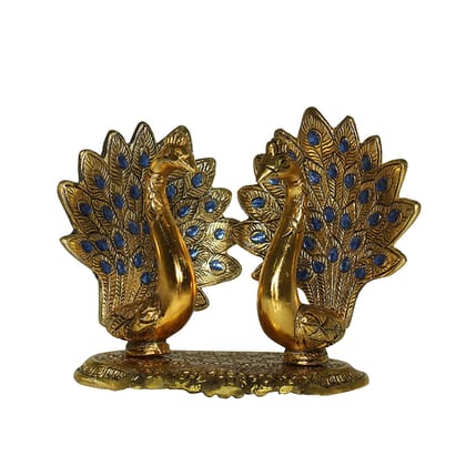 DreamKraft White Metal Glossy Antique Finish Sitting Peacock Couple Pair Statue - Set of 2 (Gold - 16 x 4.5 x 16 cm)