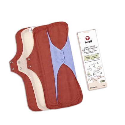 Avni Lush Certified 100% Organic Cotton Washable Cloth Pads, Pack of 4 + Avni Natural Cloth Pad wash - 100ml (Combo Pack of 5)