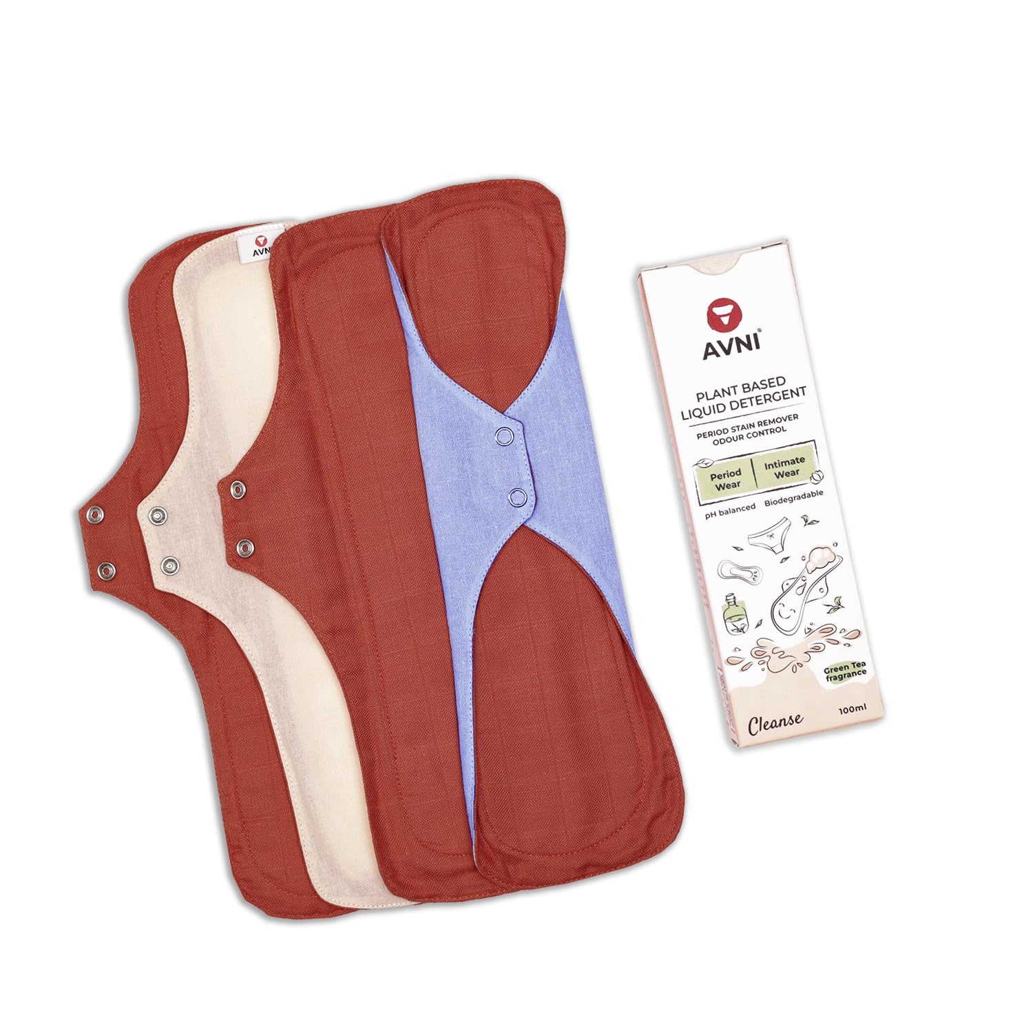 Avni Lush Certified 100% Organic Cotton Washable Cloth Pads, Pack of 4 + Avni Natural Cloth Pad wash - 100ml (Combo Pack of 5)