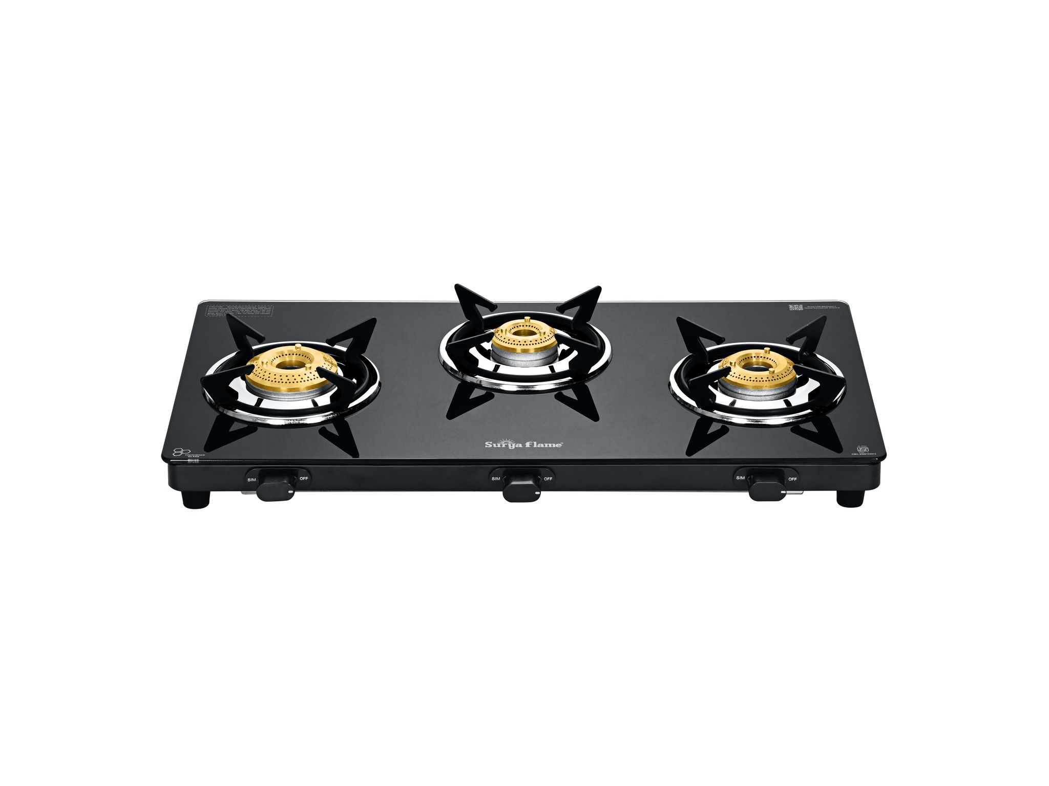 Surya Flame Creta Gas Stove 3 Burners, Tri-pin Brass Burner, 3 Burner Gas Stove Glass Top, Stove 3 Burner, Ultra Slim Design with Toughened Glass Top, Removable Drip Tray, ISI Certified - Black