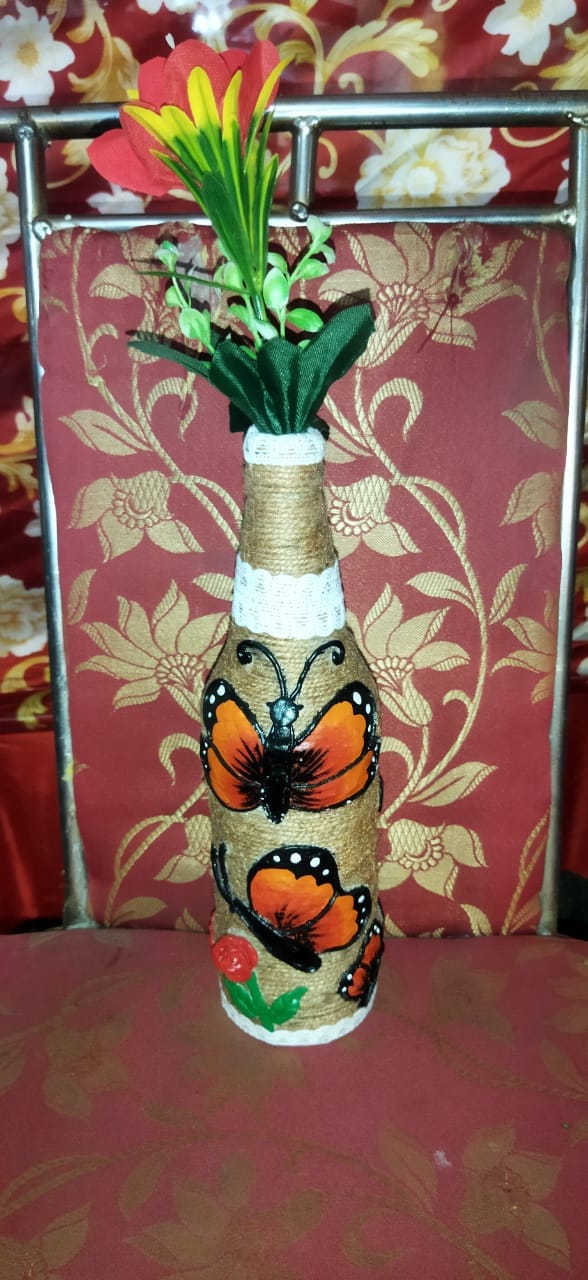Handmade Decorative Flower Vase Made with Used Bottle and Jute Craft 10 Inch