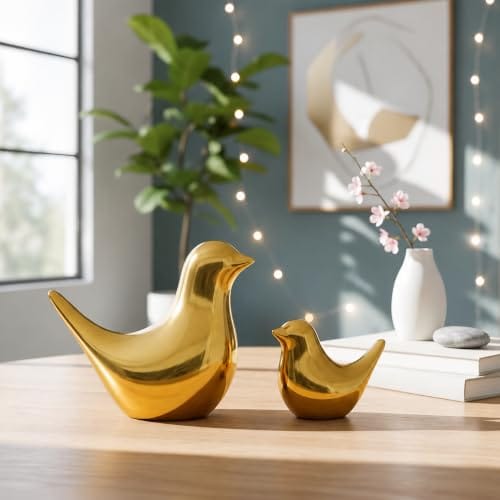 Ceramic Golden Blessing Birds Figurine for Home Decor | Living Room, Bedroom, Office Desk, Cabinets - (Pack of 2,