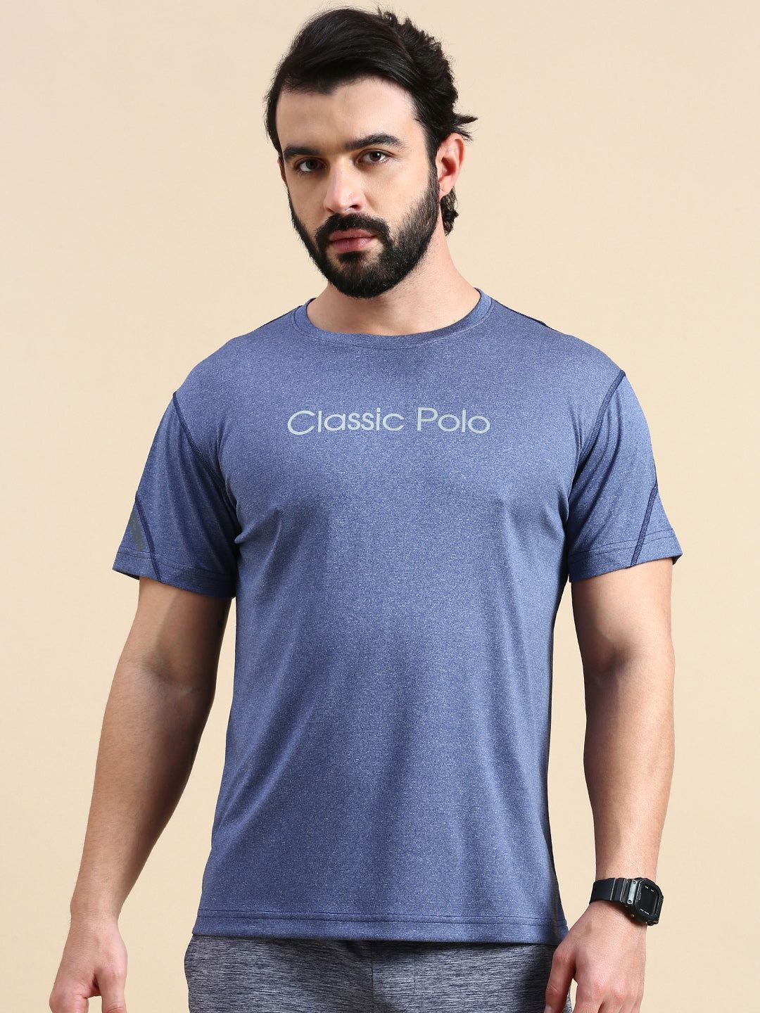 Classic Polo Men's Round Neck Polyester Navy Blue Slim Fit Active Wear T-Shirt | GENX-CREW 16A SF C