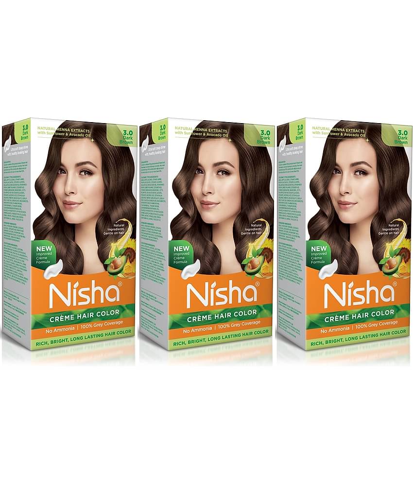 Nisha Creme Hair Color 3.0 Dark Brown 120g Pack of 3, Permanent Hair Colour for Women Men, No Ammonia 100% Grey Coverage
