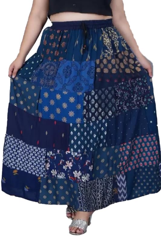 Women's Rayon Printed Elastic Skirt (Blue, Free Size)-PID45898