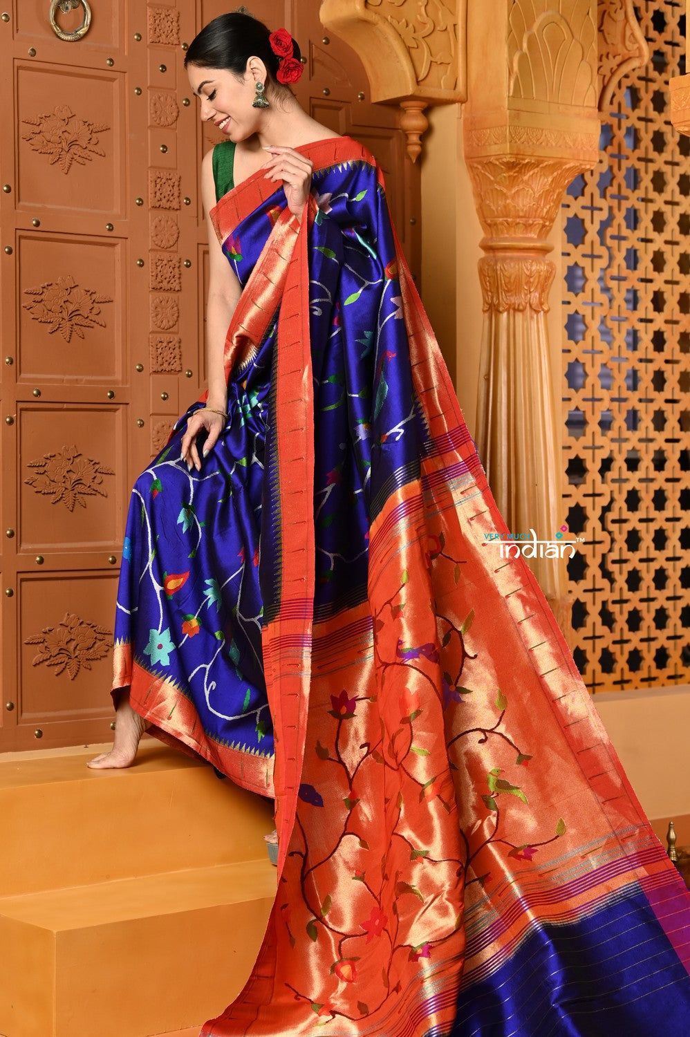 Shubh ~ Handloom Pure Silk Muniya Border Paithani Saree with Exclusive All Over Floral Weave in Royal Blue