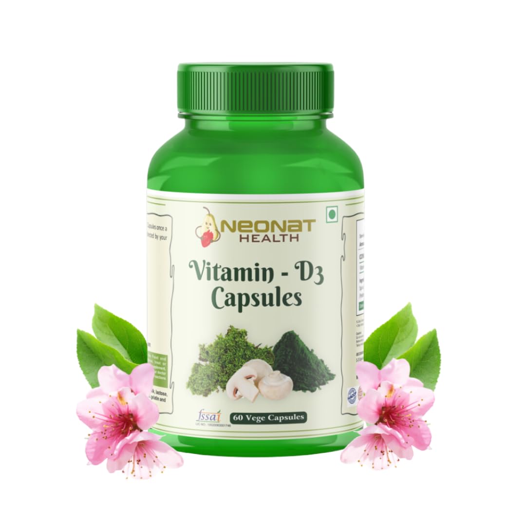 Neonat Health Vitamin D3 (600 IU) Capsules | Plant-Based with Mushrooms & Spirulina | Supports Bone Health, Immunity & Calcium Absorption | 60 Natural Veg Capsules