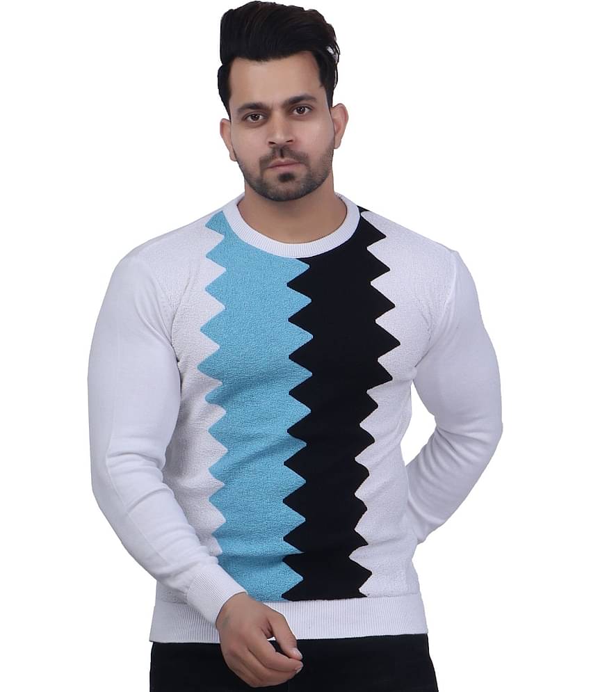 FEVERFEW Cotton Blend Round Neck Men's Full Sleeves Pullover Sweater - White ( Pack of 1 )
