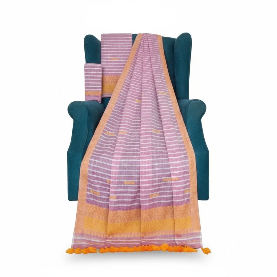 Purple & Orange Striped Tasselled Saree