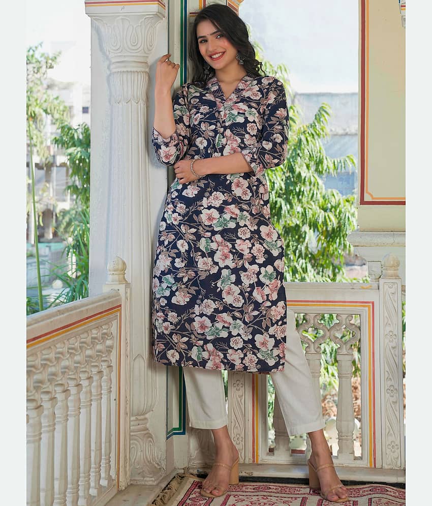 Vbuyz Cotton Printed Straight Women's Kurti - Navy Blue ( Pack of 1 )