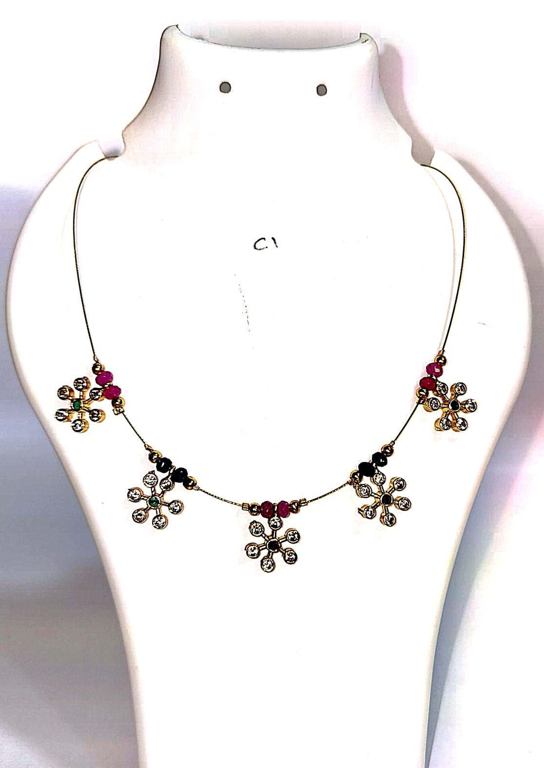 Gold Plated Flower Pendant Necklace with Ruby and Emerald Stones
