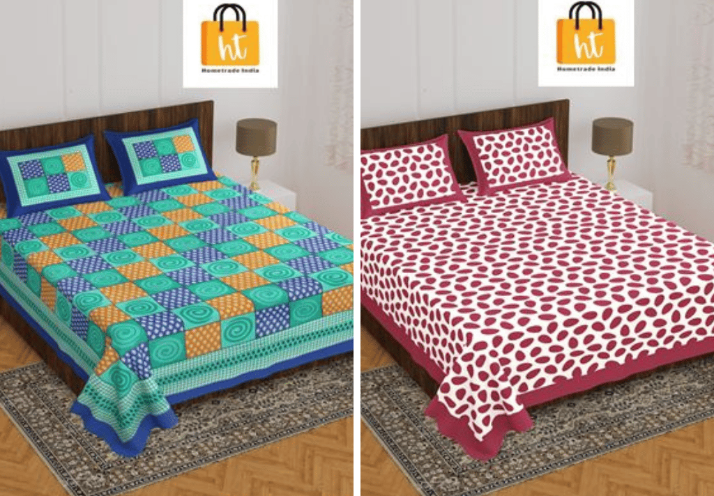2201-Hometrade India- Standard Double Size (90*100 in )-Combo Jaipuri Double bedsheet With Matching Pillow Cover