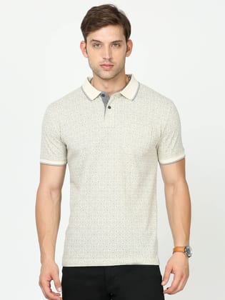 Classic Polo Mens Cotton Half Sleeves Floral Slim Fit Polo Neck Cream Color T-Shirt | Beau - 211 A Sf P