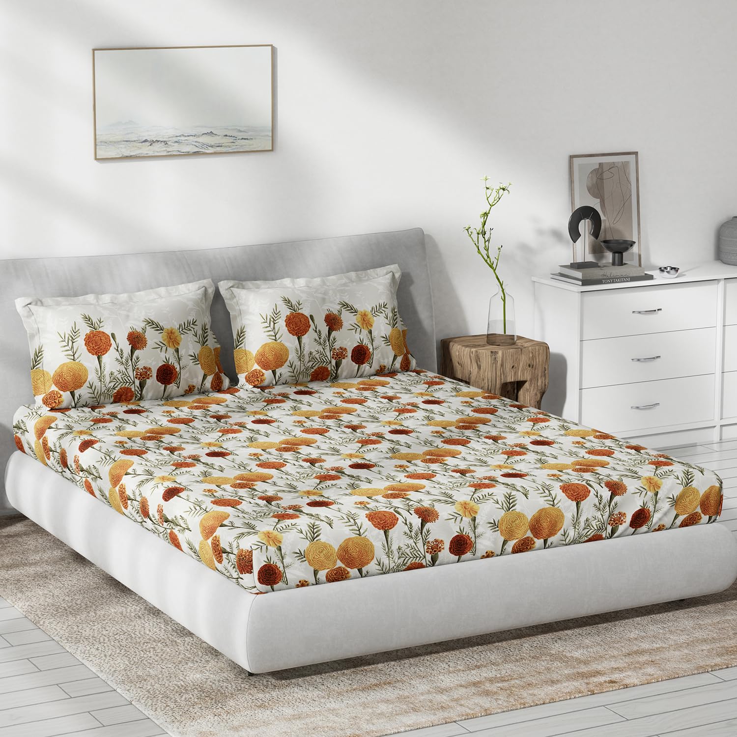 DDECOR - Primary Collection 100% Cotton Floral Pattern 145TC King Fitted Sheet|180 CM X 198 CM| - Blue