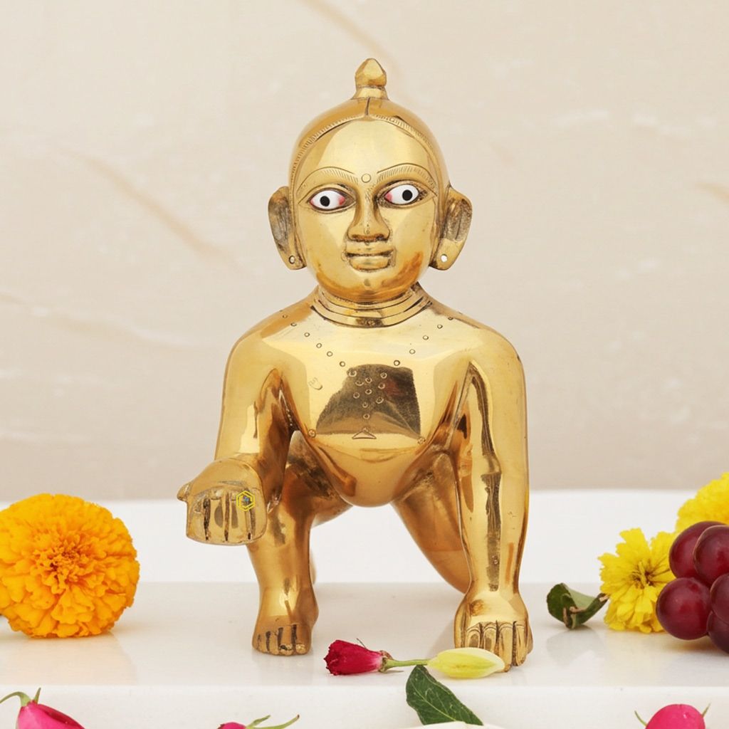 Handcrafted Brass Laddu Gopal Statue - Bal Krishna Idol Decor, Height : 11 Inch (BSMAS871 Y)