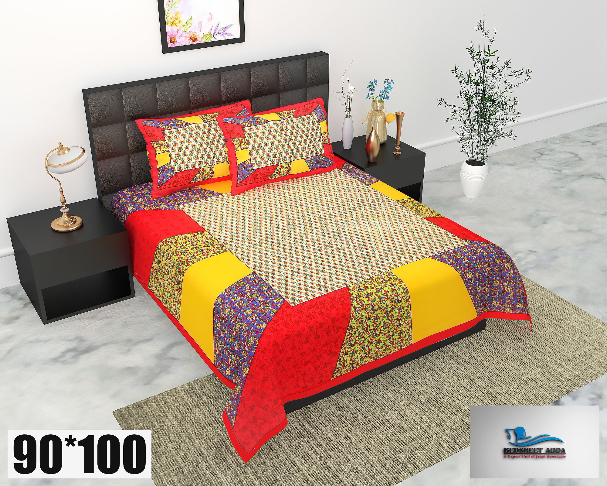 2001-Bedsheet Adda-Pure Cotton Jaipuri Printed Double Bedsheet With 2 Pillow Covers-CHOKRA RED