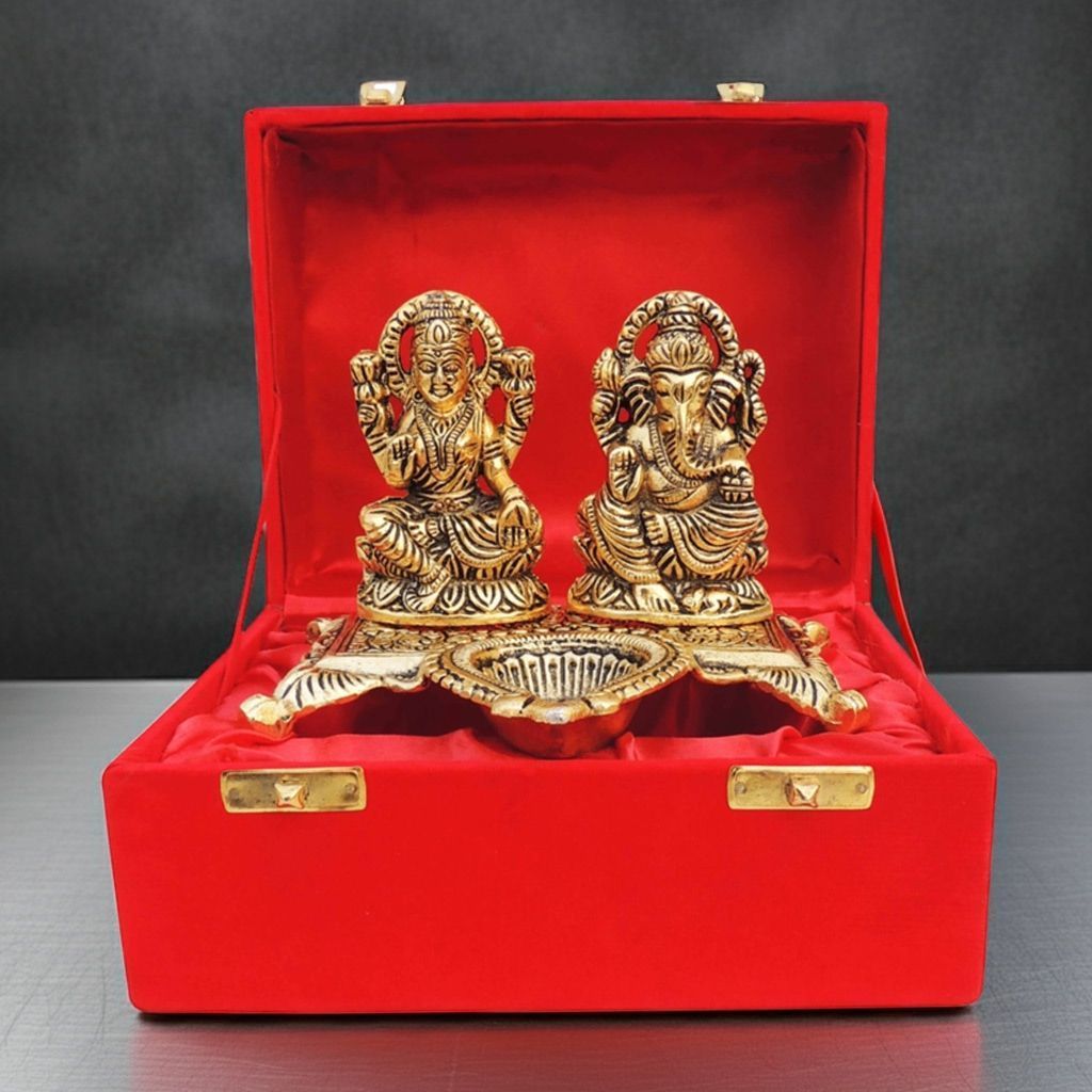 Aluminium Laxmi Ganesh Deepak Showpiece | Auspicious Diwali Puja Murti, Height : 4.2 Inch (ASMAS370 G)
