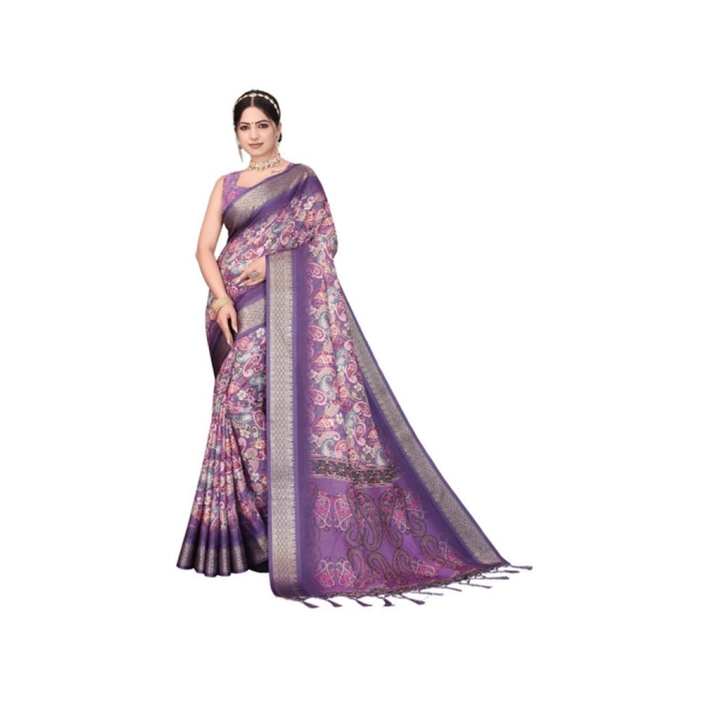 womens cotton silk printed saree with unstitched blouse 5mtr purple pid63887
