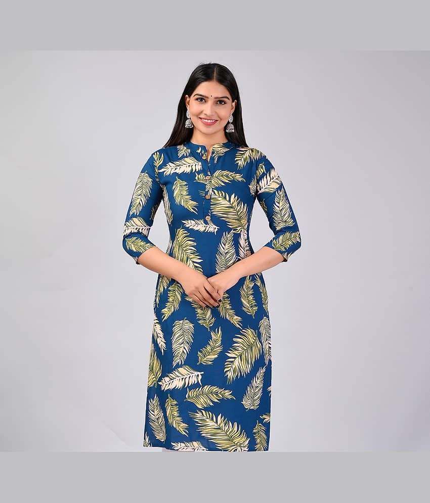 MAUKA Rayon Printed Straight Women's Kurti - Blue ( Pack of 1 )